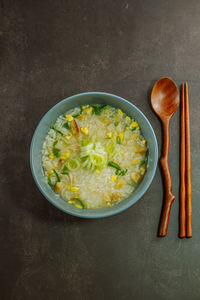 High angle view of soup in bowl on table