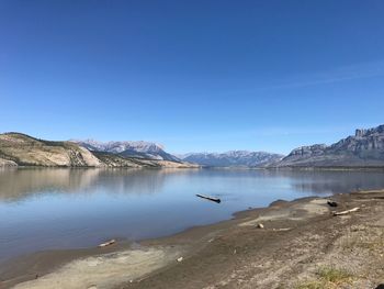 Scenic view of lake against clear blue sky