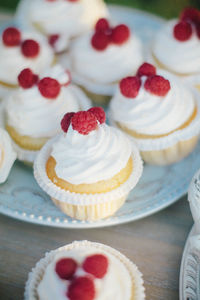 Cupcakes with raspberries on a beautiful plate