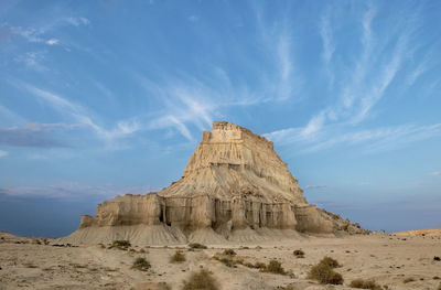 Rock formations on landscape against cloudy sky