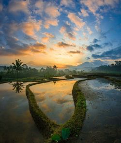 Scenic view of lake against sky during sunset