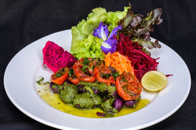 High angle view of salad in plate on table