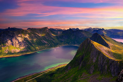 Scenic view of mountains against sky during sunset