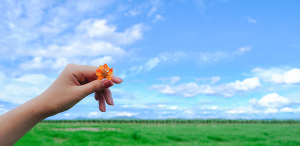 A hand holding a flower and a copy space
