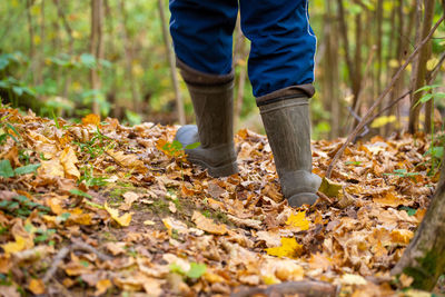 Low section of man standing amidst dry leaves