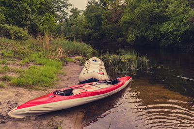 Boat in river by trees in forest