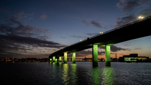 Illuminated bridge over river against sky at sunset