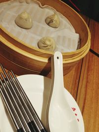 High angle view of bread in plate on table