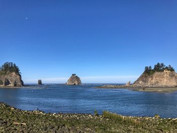 Scenic view of sea against clear blue sky