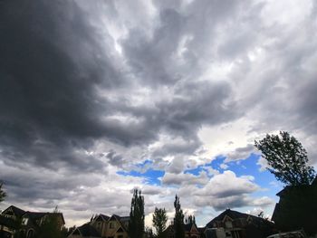 Houses and trees against cloudy sky