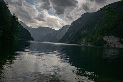 Scenic view of lake and mountains against sky