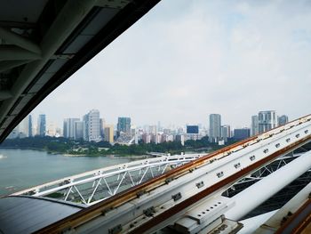 Bridge over river by buildings in city against sky