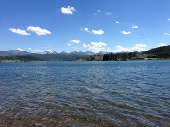 Scenic view of lake against cloudy sky