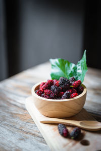 Close-up of strawberries in bowl on table