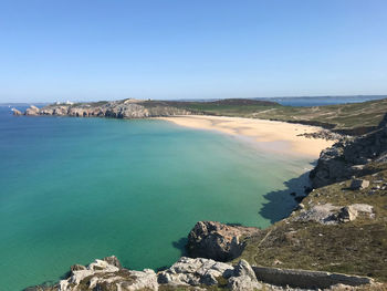 Scenic view of sea against clear blue sky