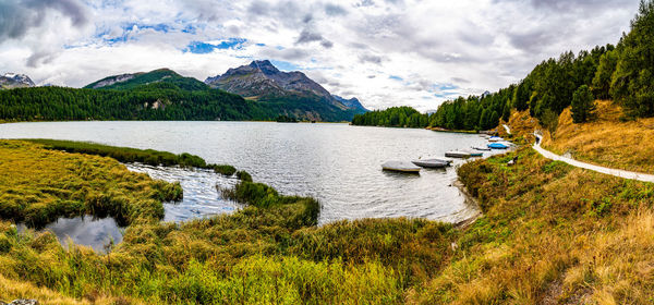 Upper engadine, lake sils, and the village of isola, photographed from above in summer.