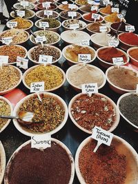 High angle view of various food for sale at market stall