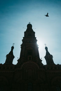Low angle view of birds flying over historic building