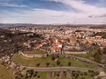 High angle shot of townscape against sky