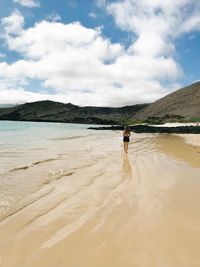 Rear view of man on beach against sky