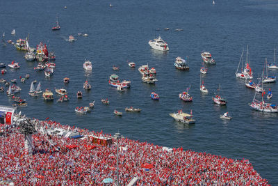 High angle view of boats in sea