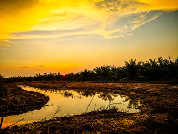 Scenic view of lake against sky during sunset