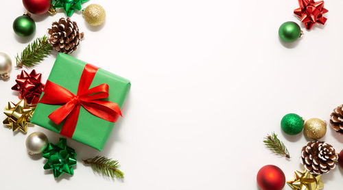 High angle view of christmas decorations on table