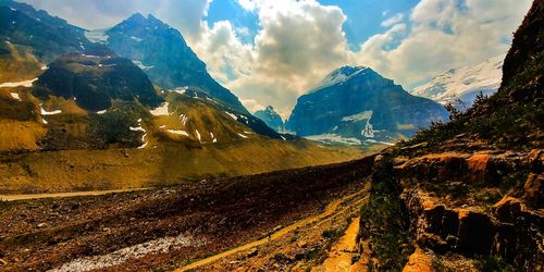 Panoramic view of snowcapped mountains against sky