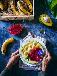 High angle view of man having breakfast on table