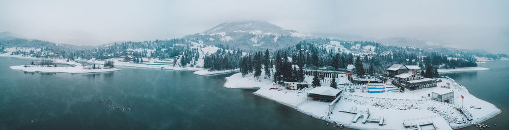 Panoramic view of snowcapped mountains against sky