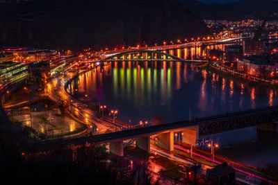 High angle view of illuminated city at night