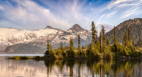 Scenic view of lake by mountains against sky