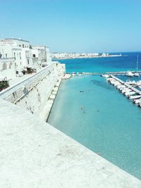 View of beach against clear blue sky