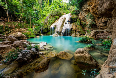 Panoramic view of waterfall in forest