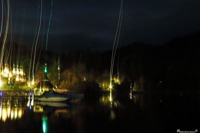 Panoramic shot of illuminated reflection in water at night