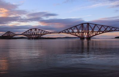 Bridge over river against sky at sunset