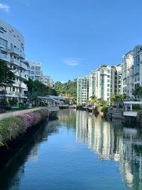 Canal by buildings against blue sky