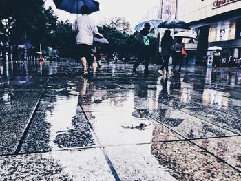 Low section of woman walking on wet road in rainy season