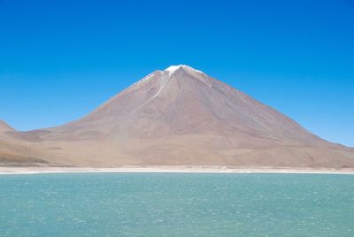 Scenic view of snowcapped mountain against blue sky