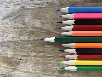 High angle view of colored pencils on table