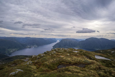 Scenic view of landscape and mountains against sky