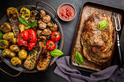 High angle view of food served on table