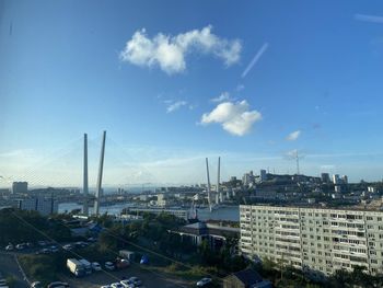 High angle view of buildings against sky