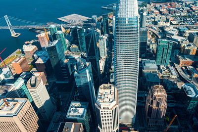 High angle view of modern buildings in city