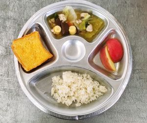 High angle view of meal served in bowl