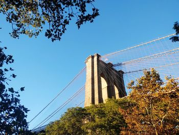 Low angle view of bridge against clear blue sky