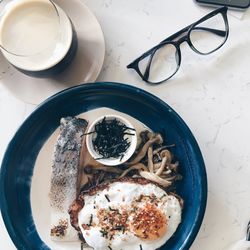 High angle view of breakfast served on table