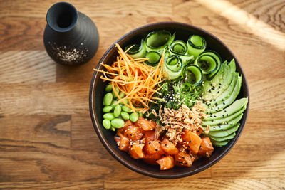 High angle view of vegetables in bowl on table