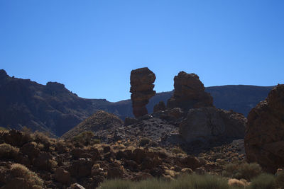 Scenic view of mountains against clear blue sky