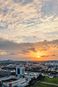 High angle view of buildings against sky during sunset